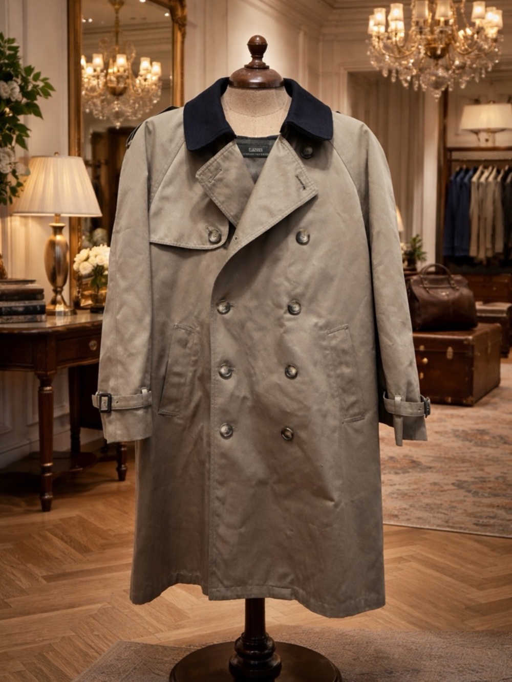 Lauren Ralph Lauren khaki color Trench Coat w/Navy Collar  removable liner 40 S